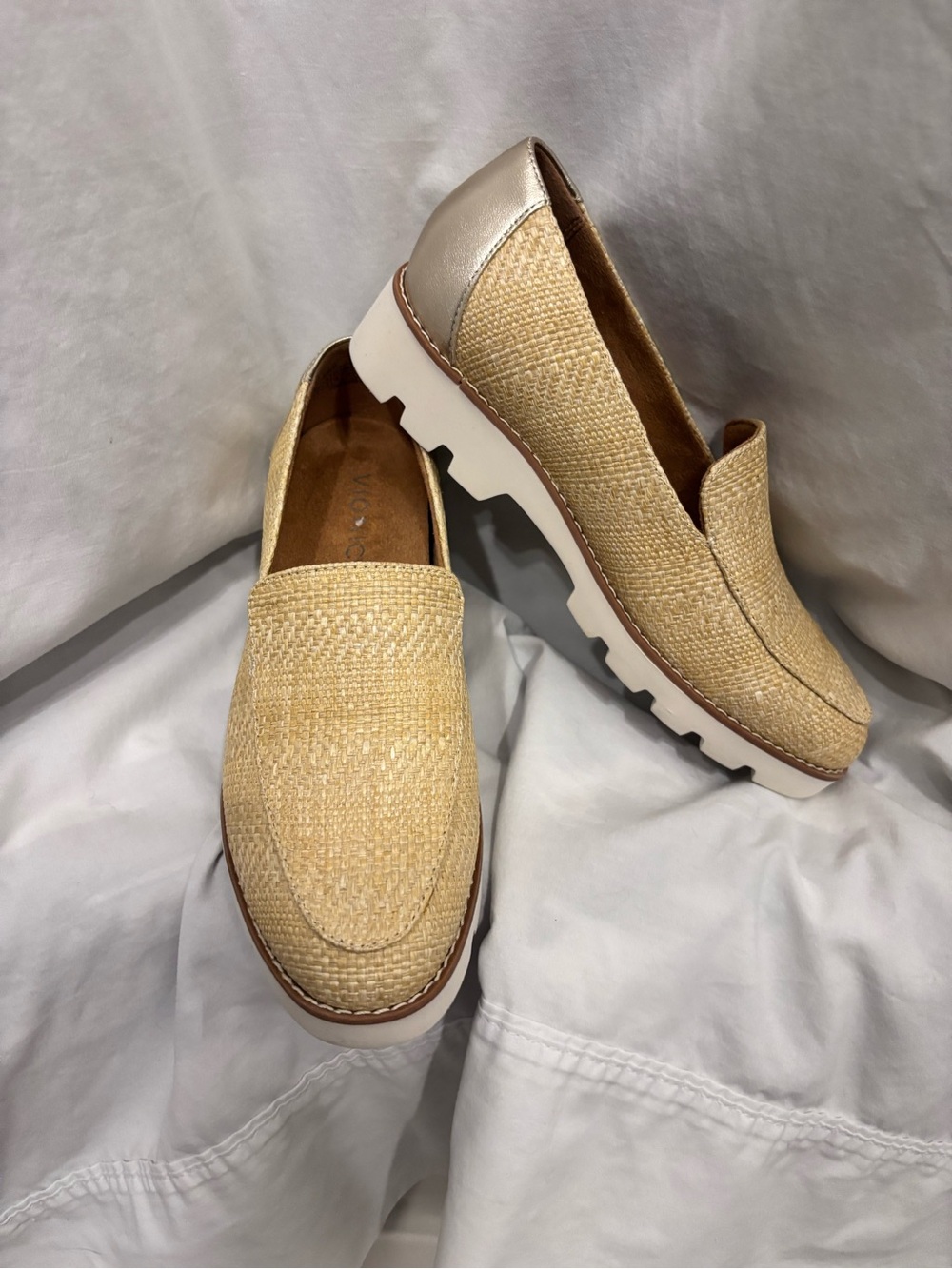 Vionic Women’s Woven Raffia Loafers in Natural and Metallic
